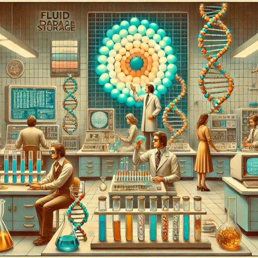 DALL·E 2024-07-03 15.38.58 - A 1970s-themed wide image depicting the concept of fluid data storage techniques. The image features a retro-futuristic lab with scientists in 1970s a