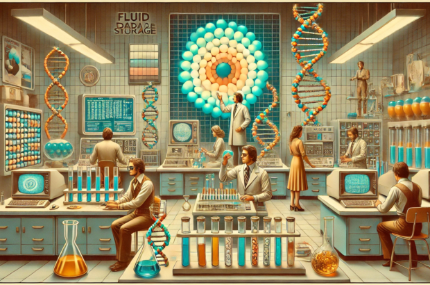 DALL·E 2024-07-03 15.38.58 - A 1970s-themed wide image depicting the concept of fluid data storage techniques. The image features a retro-futuristic lab with scientists in 1970s a