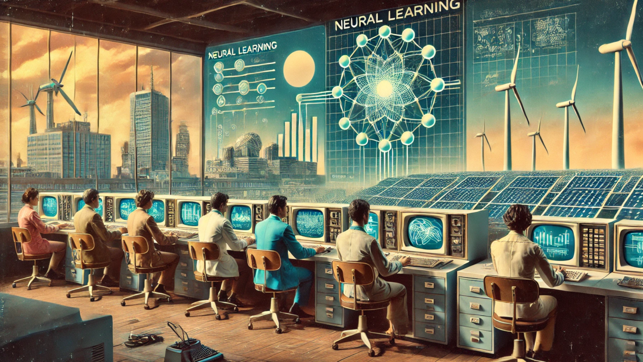 DALL·E 2024-07-03 15.45.38 - A 1970s-themed wide image depicting the concept of neural learning applied to renewable energy production. The image features a retro-futuristic contr