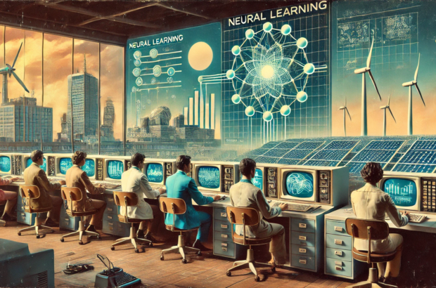 DALL·E 2024-07-03 15.45.38 - A 1970s-themed wide image depicting the concept of neural learning applied to renewable energy production. The image features a retro-futuristic contr