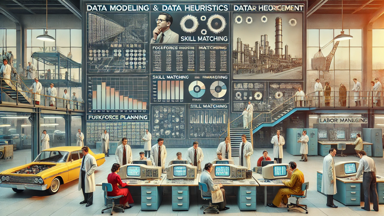 DALL·E 2024-07-03 15.51.36 - A 1970s-themed wide image depicting the concept of data modeling and data heuristics applied to labor management in large-scale industries. The image