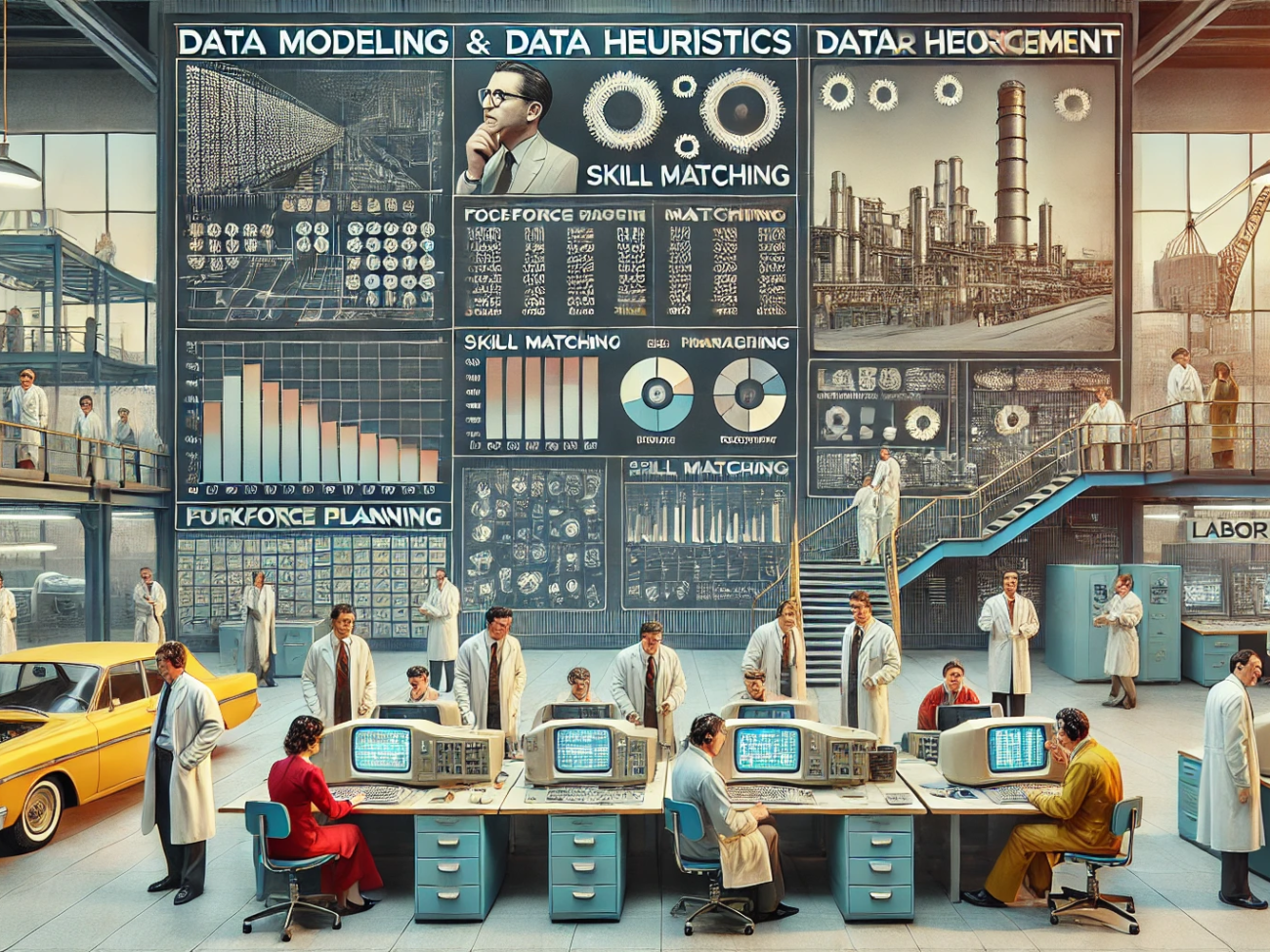 DALL·E 2024-07-03 15.51.36 - A 1970s-themed wide image depicting the concept of data modeling and data heuristics applied to labor management in large-scale industries. The image