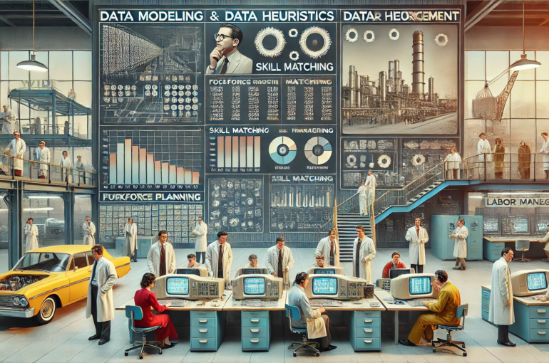 DALL·E 2024-07-03 15.51.36 - A 1970s-themed wide image depicting the concept of data modeling and data heuristics applied to labor management in large-scale industries. The image