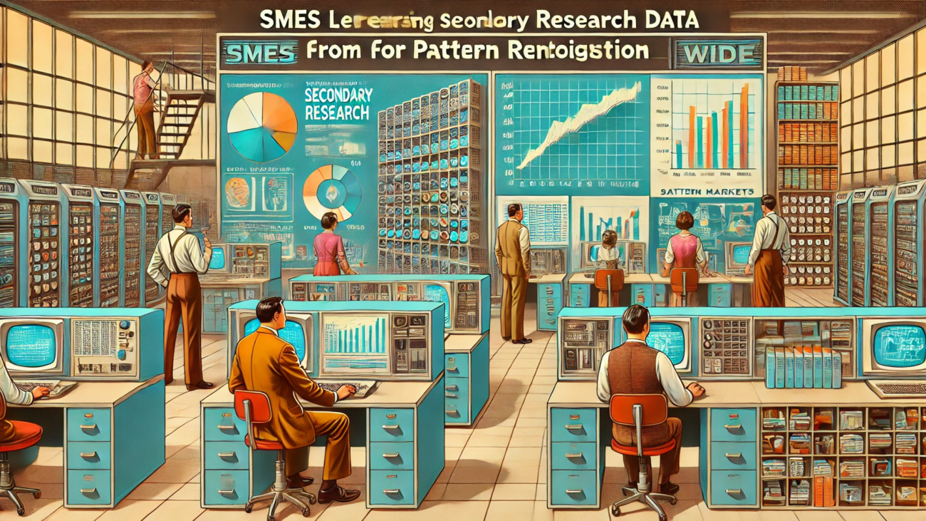 DALL·E 2024-07-03 16.25.31 - A 1970s-themed wide image depicting the concept of SMEs leveraging secondary research data from data markets for pattern recognition. The image featur