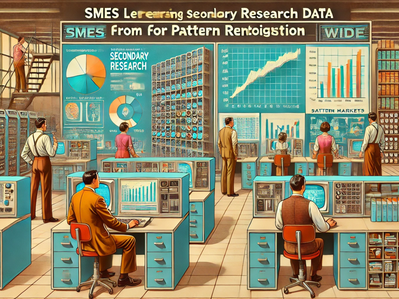 DALL·E 2024-07-03 16.25.31 - A 1970s-themed wide image depicting the concept of SMEs leveraging secondary research data from data markets for pattern recognition. The image featur