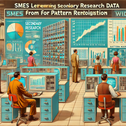 DALL·E 2024-07-03 16.25.31 - A 1970s-themed wide image depicting the concept of SMEs leveraging secondary research data from data markets for pattern recognition. The image featur