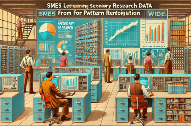 DALL·E 2024-07-03 16.25.31 - A 1970s-themed wide image depicting the concept of SMEs leveraging secondary research data from data markets for pattern recognition. The image featur
