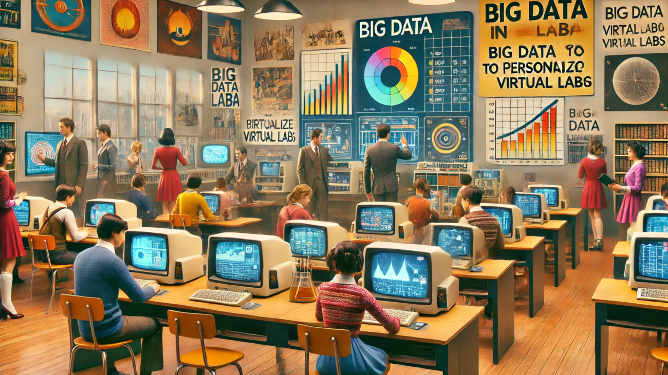 DALL·E 2024-07-03 16.41.58 - A 1970s-themed wide image depicting a classroom with students using big data-enabled virtual labs. The scene features retro-futuristic computers and m