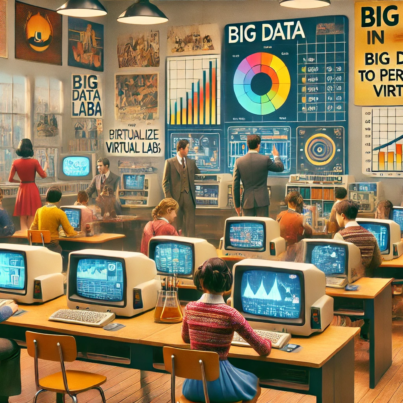 DALL·E 2024-07-03 16.41.58 - A 1970s-themed wide image depicting a classroom with students using big data-enabled virtual labs. The scene features retro-futuristic computers and m