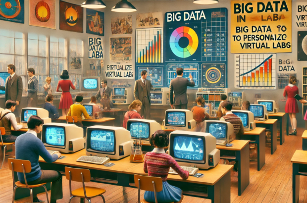 DALL·E 2024-07-03 16.41.58 - A 1970s-themed wide image depicting a classroom with students using big data-enabled virtual labs. The scene features retro-futuristic computers and m