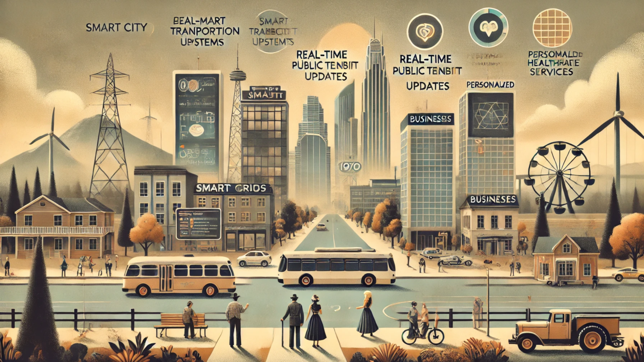 DALL·E 2024-07-03 17.21.44 - A 1970s-themed illustration of a smart city offering data-enabled services to its citizens. The scene includes citizens in 1970s attire using smart tr