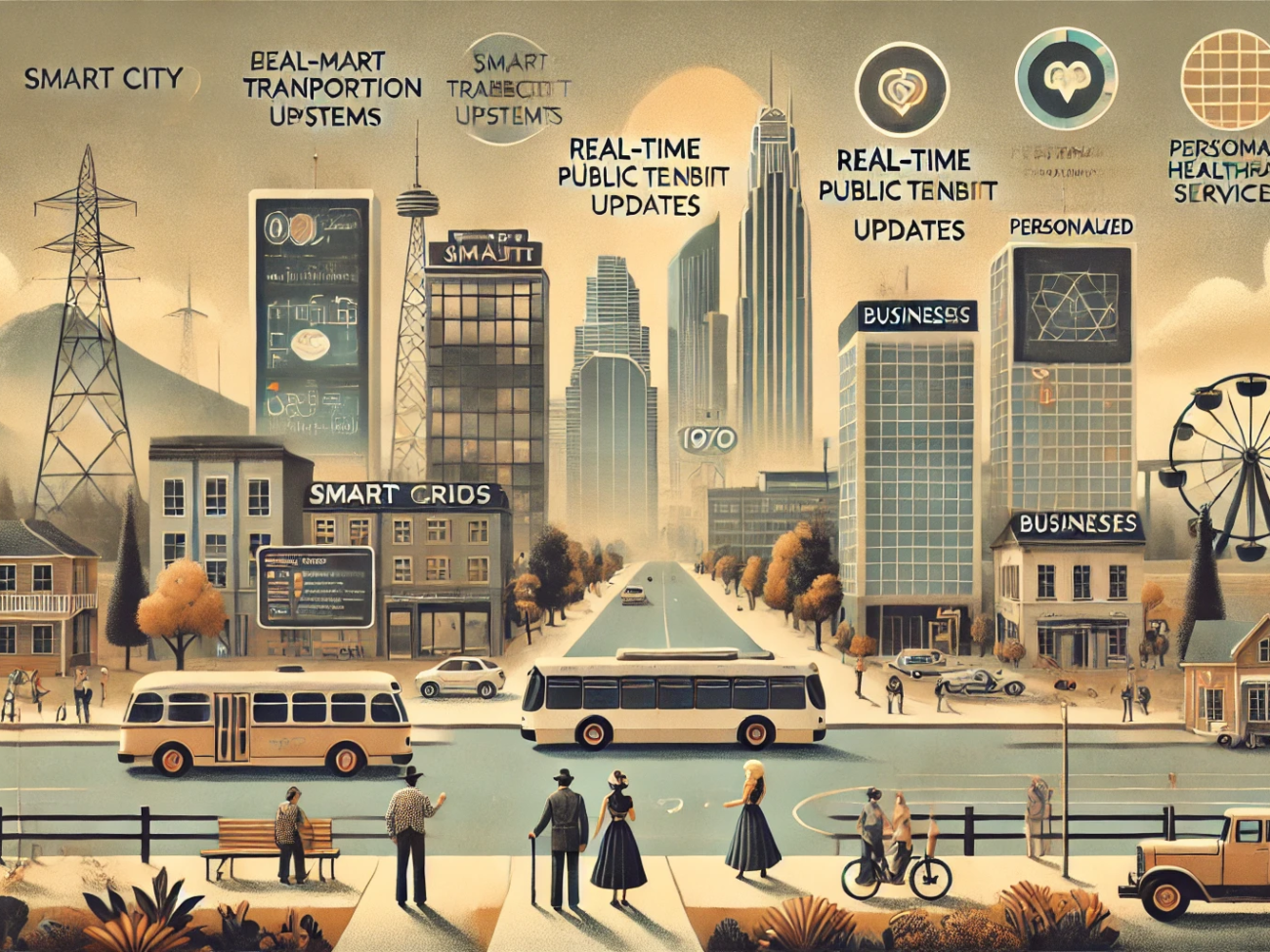 DALL·E 2024-07-03 17.21.44 - A 1970s-themed illustration of a smart city offering data-enabled services to its citizens. The scene includes citizens in 1970s attire using smart tr