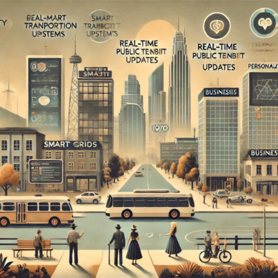 DALL·E 2024-07-03 17.21.44 - A 1970s-themed illustration of a smart city offering data-enabled services to its citizens. The scene includes citizens in 1970s attire using smart tr