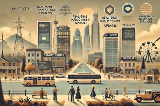 DALL·E 2024-07-03 17.21.44 - A 1970s-themed illustration of a smart city offering data-enabled services to its citizens. The scene includes citizens in 1970s attire using smart tr