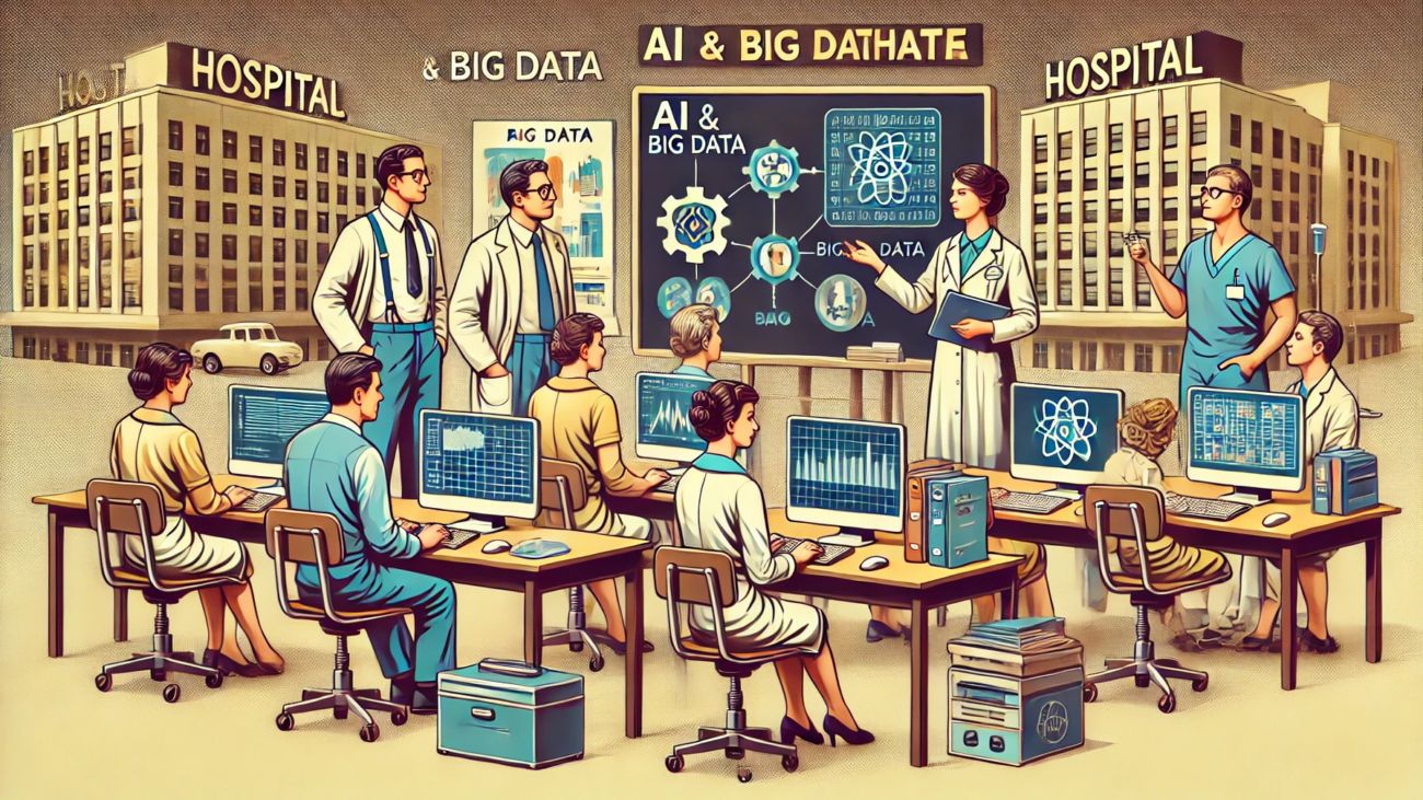 DALL·E 2024-07-03 17.28.24 - A 1970s-themed illustration of hospital administrative staff undergoing technical training on AI and big data tools. The scene includes staff in 1970s