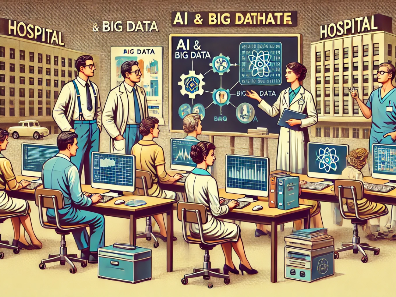 DALL·E 2024-07-03 17.28.24 - A 1970s-themed illustration of hospital administrative staff undergoing technical training on AI and big data tools. The scene includes staff in 1970s