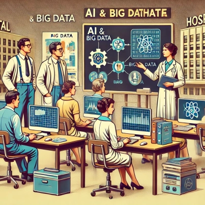 DALL·E 2024-07-03 17.28.24 - A 1970s-themed illustration of hospital administrative staff undergoing technical training on AI and big data tools. The scene includes staff in 1970s