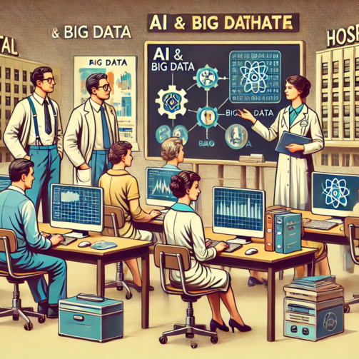 DALL·E 2024-07-03 17.28.24 - A 1970s-themed illustration of hospital administrative staff undergoing technical training on AI and big data tools. The scene includes staff in 1970s