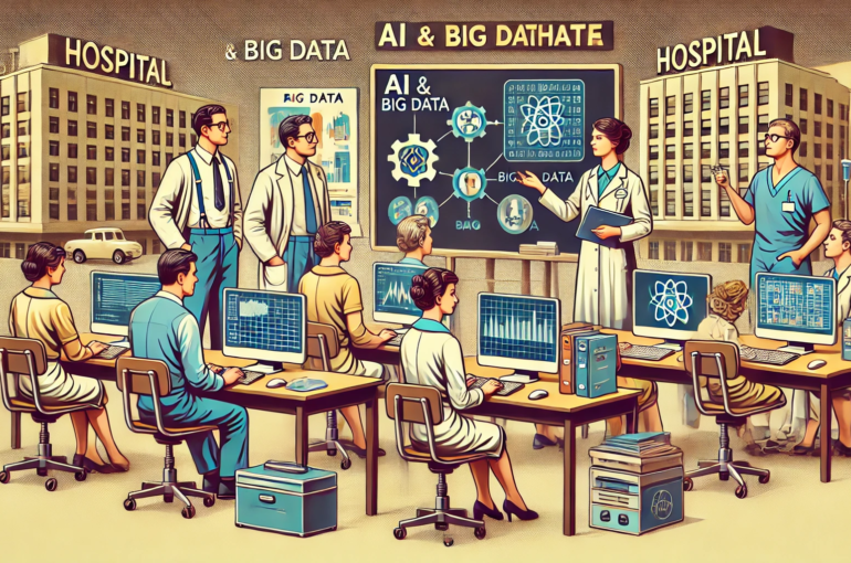 DALL·E 2024-07-03 17.28.24 - A 1970s-themed illustration of hospital administrative staff undergoing technical training on AI and big data tools. The scene includes staff in 1970s