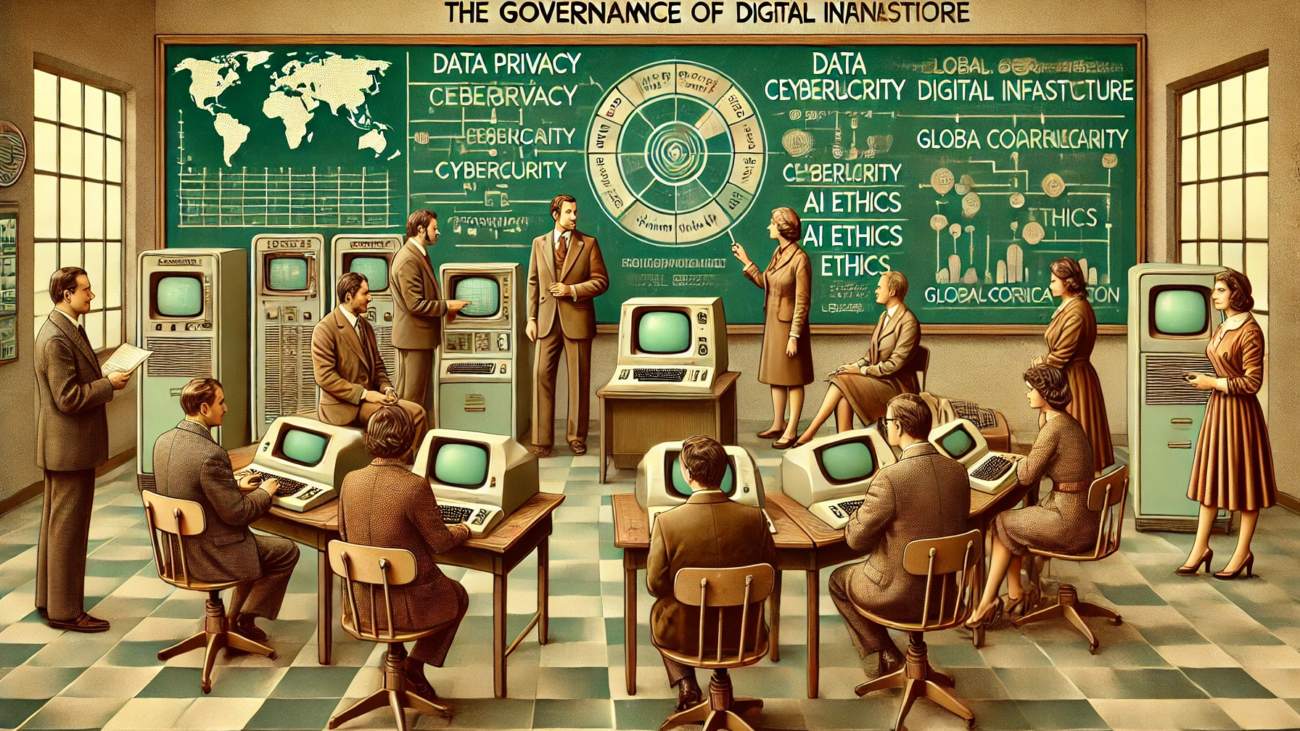 DALL·E 2024-07-03 17.59.09 - A 1970s-themed illustration of the governance of digital infrastructure. The scene includes regulators and policymakers in 1970s attire, engaging in d