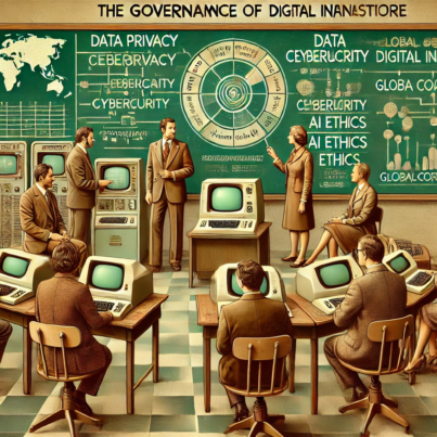 DALL·E 2024-07-03 17.59.09 - A 1970s-themed illustration of the governance of digital infrastructure. The scene includes regulators and policymakers in 1970s attire, engaging in d