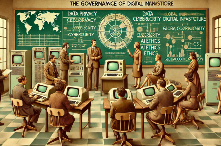 DALL·E 2024-07-03 17.59.09 - A 1970s-themed illustration of the governance of digital infrastructure. The scene includes regulators and policymakers in 1970s attire, engaging in d