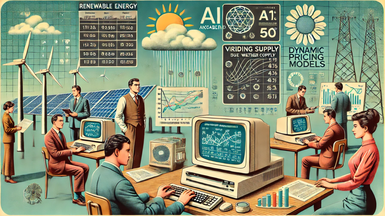 DALL·E 2024-07-03 18.27.07 - A 1970s-themed illustration of AI-enabled accounting for renewable energy with varying supply due to weather conditions. The scene includes analysts i