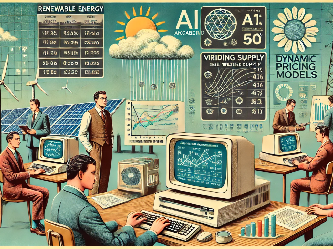 DALL·E 2024-07-03 18.27.07 - A 1970s-themed illustration of AI-enabled accounting for renewable energy with varying supply due to weather conditions. The scene includes analysts i