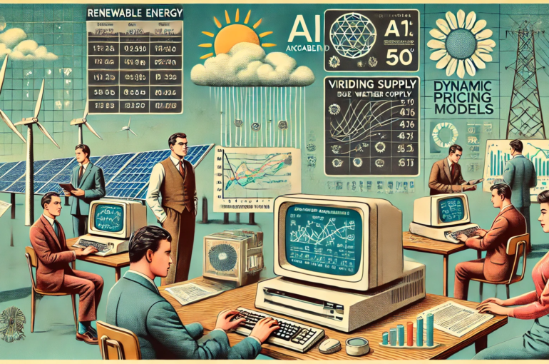 DALL·E 2024-07-03 18.27.07 - A 1970s-themed illustration of AI-enabled accounting for renewable energy with varying supply due to weather conditions. The scene includes analysts i