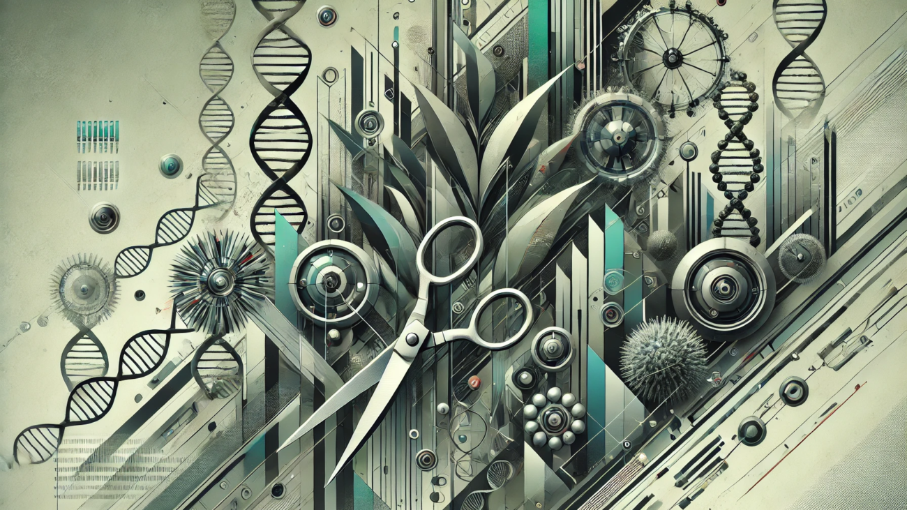 DALL·E 2024-07-04 09.33.36 - A brutal abstract wide image depicting the concept of synthetic biology in agriculture. The image features sharp, angular shapes and strong contrasts