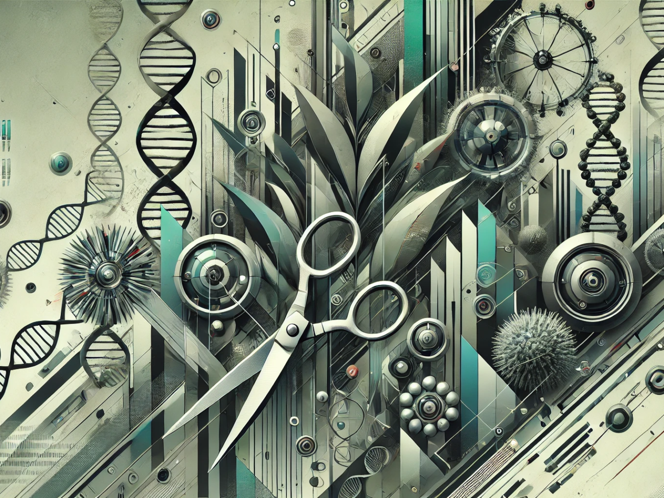 DALL·E 2024-07-04 09.33.36 - A brutal abstract wide image depicting the concept of synthetic biology in agriculture. The image features sharp, angular shapes and strong contrasts