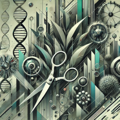 DALL·E 2024-07-04 09.33.36 - A brutal abstract wide image depicting the concept of synthetic biology in agriculture. The image features sharp, angular shapes and strong contrasts