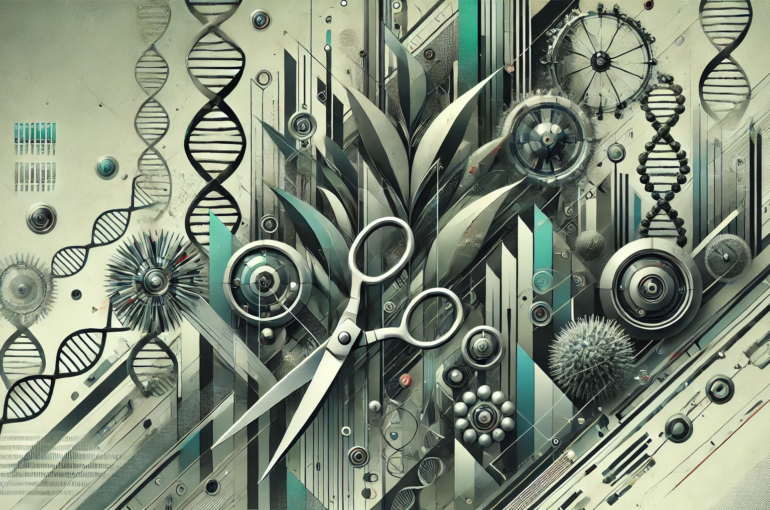 DALL·E 2024-07-04 09.33.36 - A brutal abstract wide image depicting the concept of synthetic biology in agriculture. The image features sharp, angular shapes and strong contrasts