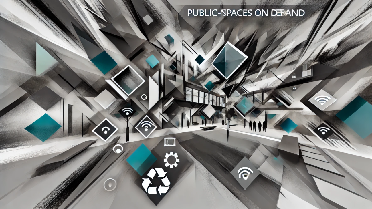 DALL·E 2024-07-04 09.44.45 - A wide-angle brutal abstract image depicting the concept of Public Spaces on Demand in smart cities. The image should feature sharp, angular shapes an