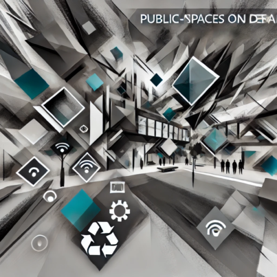 DALL·E 2024-07-04 09.44.45 - A wide-angle brutal abstract image depicting the concept of Public Spaces on Demand in smart cities. The image should feature sharp, angular shapes an