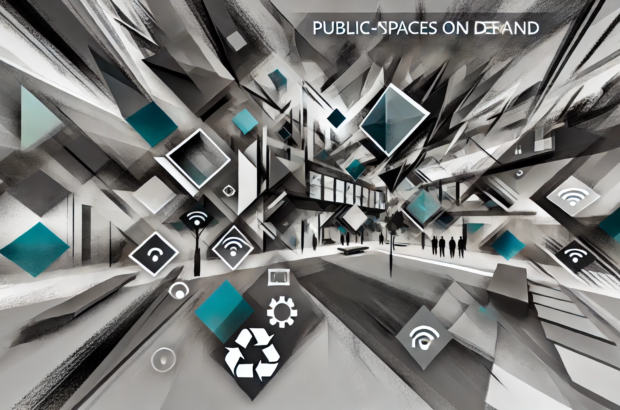 DALL·E 2024-07-04 09.44.45 - A wide-angle brutal abstract image depicting the concept of Public Spaces on Demand in smart cities. The image should feature sharp, angular shapes an