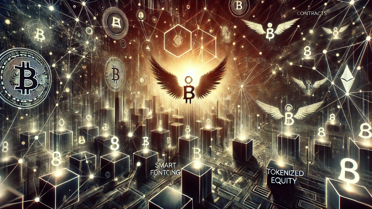 DALL·E 2024-07-04 15.48.37 - A dark-colored, wide-angled abstract image representing the evolution of angel funding with blockchain, smart contracts, and tokens. The scene feature