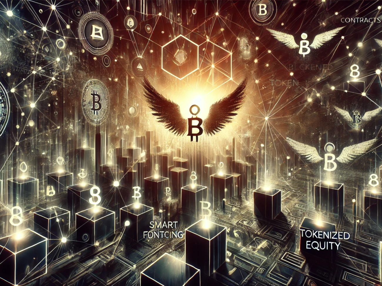 DALL·E 2024-07-04 15.48.37 - A dark-colored, wide-angled abstract image representing the evolution of angel funding with blockchain, smart contracts, and tokens. The scene feature