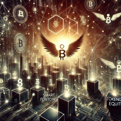 DALL·E 2024-07-04 15.48.37 - A dark-colored, wide-angled abstract image representing the evolution of angel funding with blockchain, smart contracts, and tokens. The scene feature