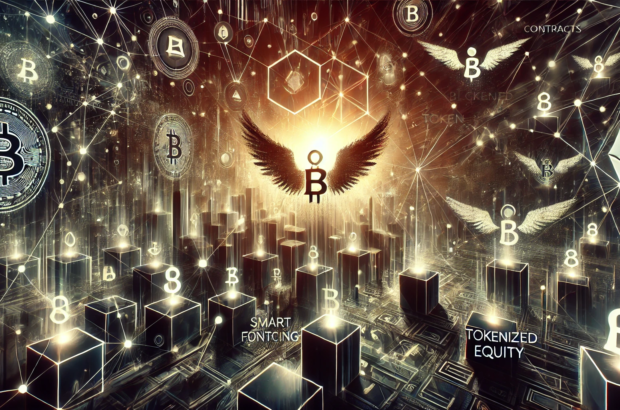 DALL·E 2024-07-04 15.48.37 - A dark-colored, wide-angled abstract image representing the evolution of angel funding with blockchain, smart contracts, and tokens. The scene feature