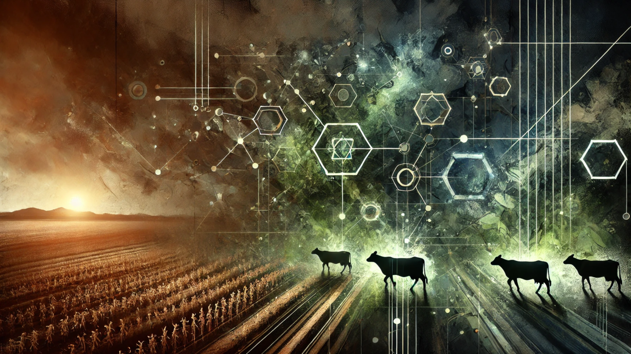 DALL·E 2024-07-04 16.08.39 - A wide-angled dark abstract image representing the concept of Integrated Crop-Livestock Systems. The image features interconnected, shadowy elements s