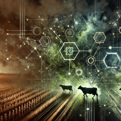 DALL·E 2024-07-04 16.08.39 - A wide-angled dark abstract image representing the concept of Integrated Crop-Livestock Systems. The image features interconnected, shadowy elements s
