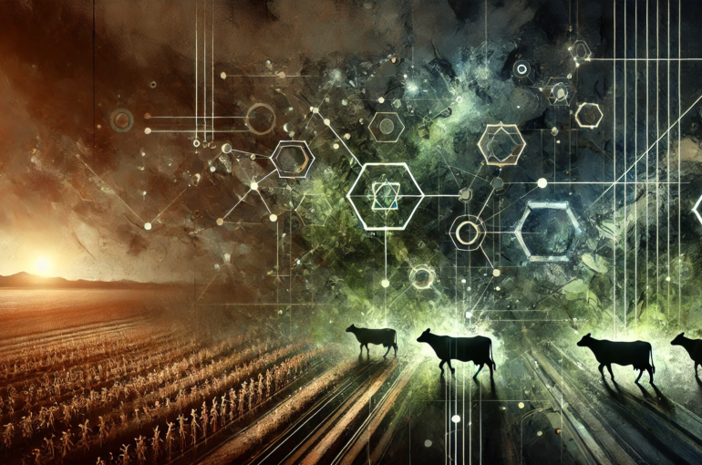 DALL·E 2024-07-04 16.08.39 - A wide-angled dark abstract image representing the concept of Integrated Crop-Livestock Systems. The image features interconnected, shadowy elements s