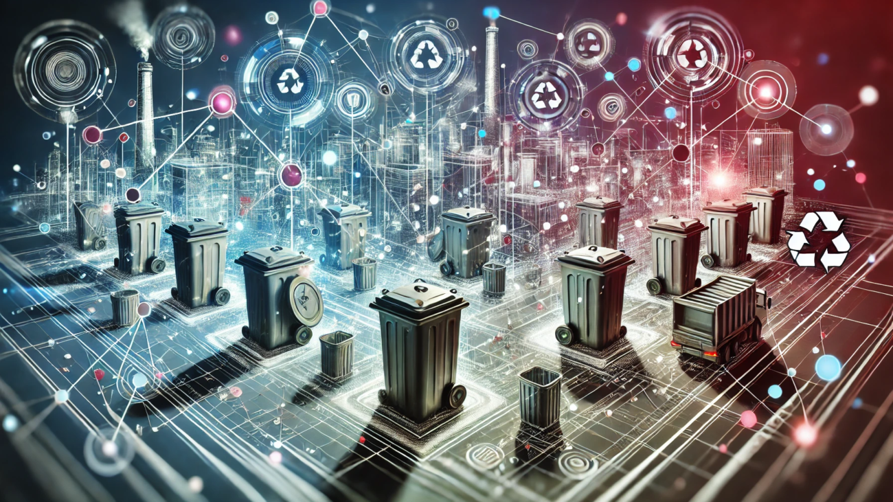 DALL·E 2024-07-04 16.18.33 - A wide-angled abstract image representing the concept of smart compaction bins in waste management for smart cities. The image features interconnected