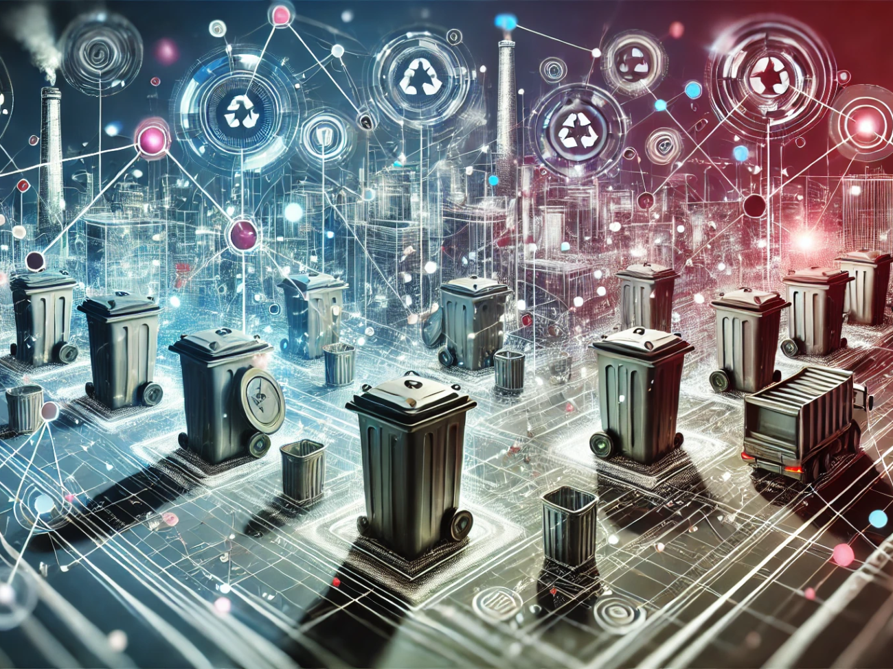 DALL·E 2024-07-04 16.18.33 - A wide-angled abstract image representing the concept of smart compaction bins in waste management for smart cities. The image features interconnected
