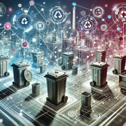 DALL·E 2024-07-04 16.18.33 - A wide-angled abstract image representing the concept of smart compaction bins in waste management for smart cities. The image features interconnected