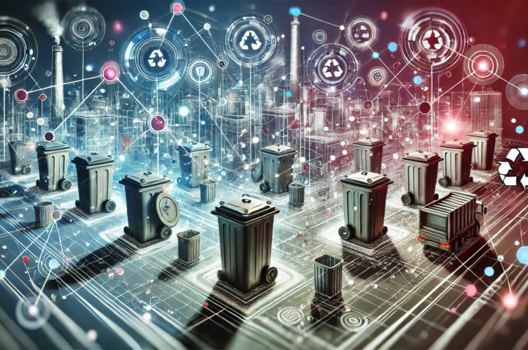 DALL·E 2024-07-04 16.18.33 - A wide-angled abstract image representing the concept of smart compaction bins in waste management for smart cities. The image features interconnected