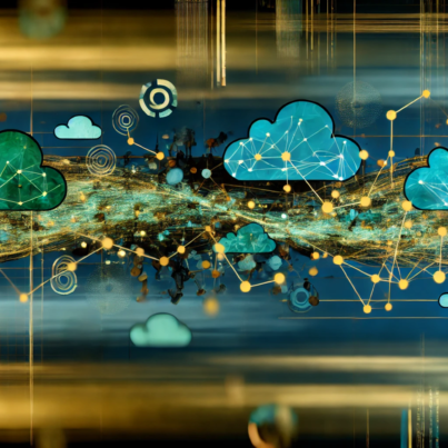 DALL·E 2024-07-04 17.02.38 - A wide abstract image representing the concept of multi-cloud orchestration powered by AI decision engines. The color scheme is dominated by teal and