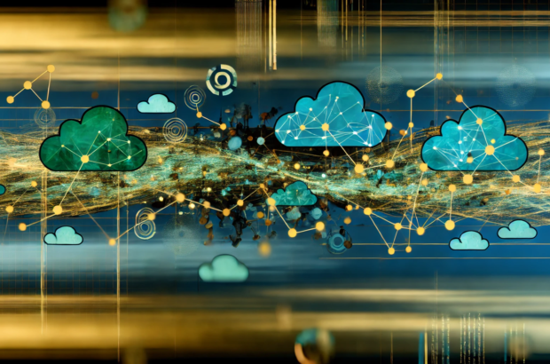 DALL·E 2024-07-04 17.02.38 - A wide abstract image representing the concept of multi-cloud orchestration powered by AI decision engines. The color scheme is dominated by teal and