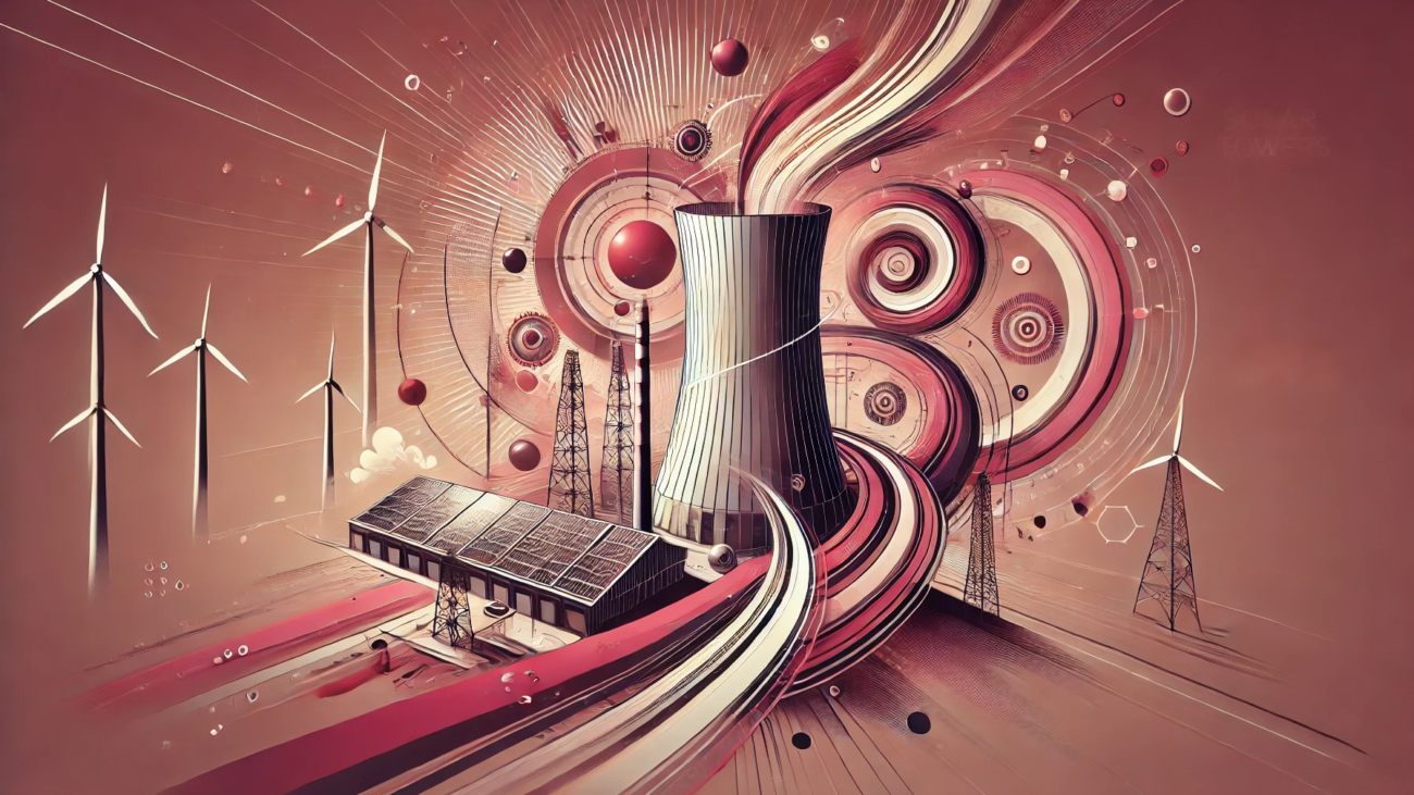 DALL·E 2024-07-04 17.11.08 - A wide abstract image representing the concept of Solar Updraft Towers. The color scheme is dominated by maroon and pink tones. The image features abs